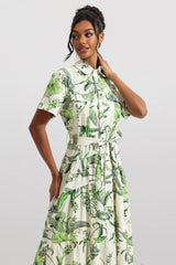 Floral Shirt Collar Single Breasted Midi Dress With Belt