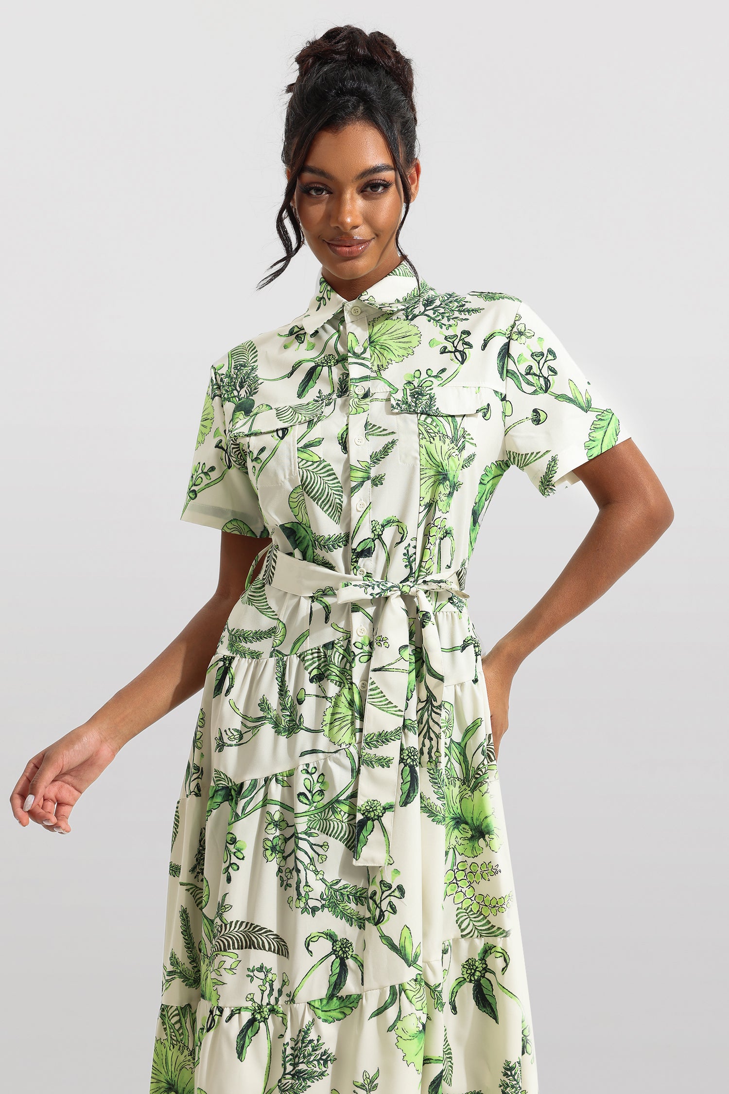 Floral Shirt Collar Single Breasted Midi Dress With Belt