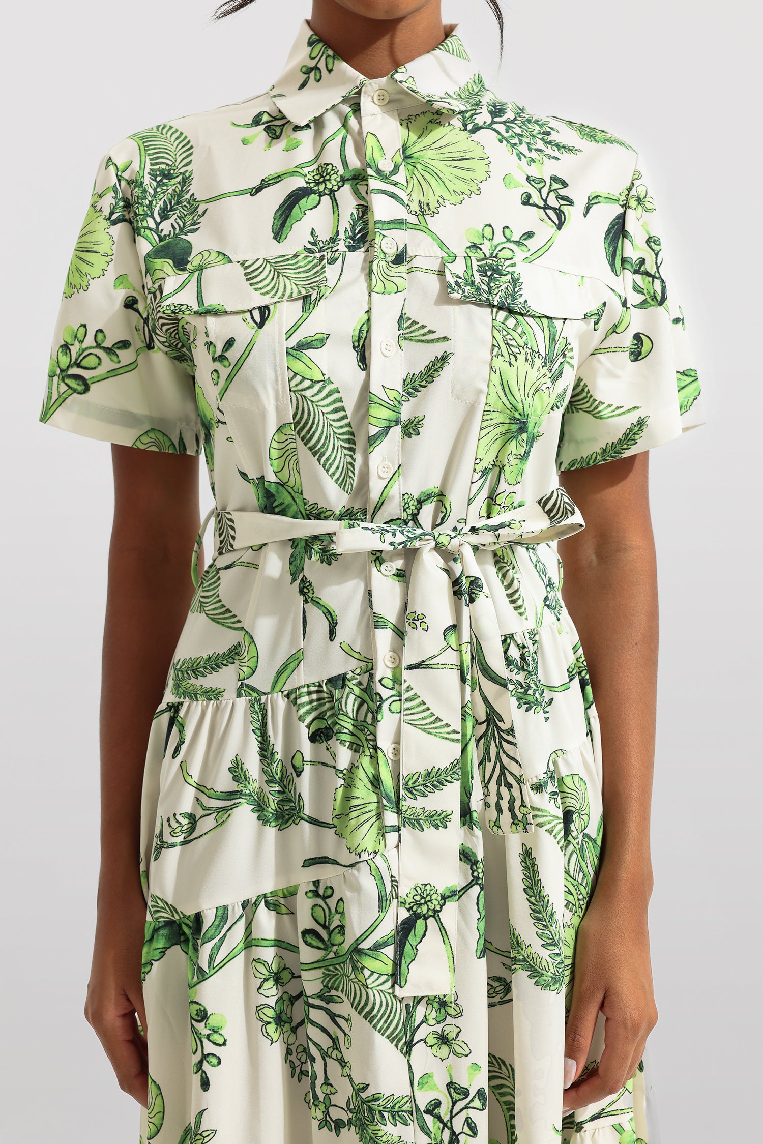 Floral Shirt Collar Single Breasted Midi Dress With Belt