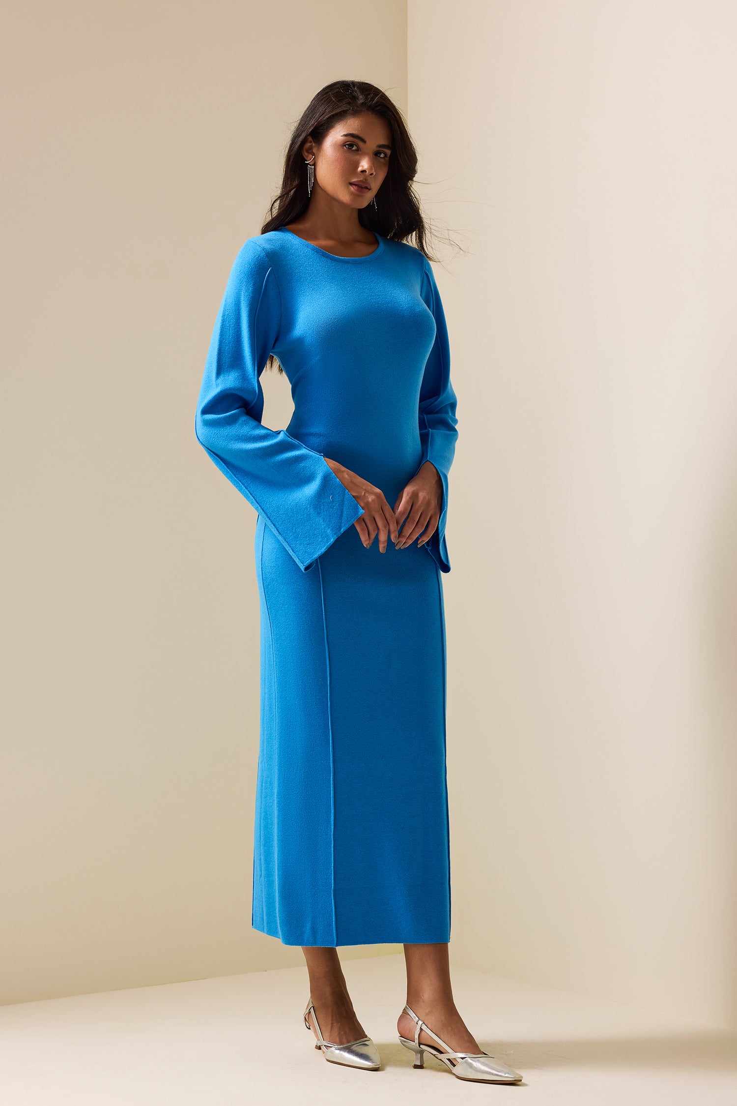 Jersey Wide Sleeve Round Neck Maxi Dress