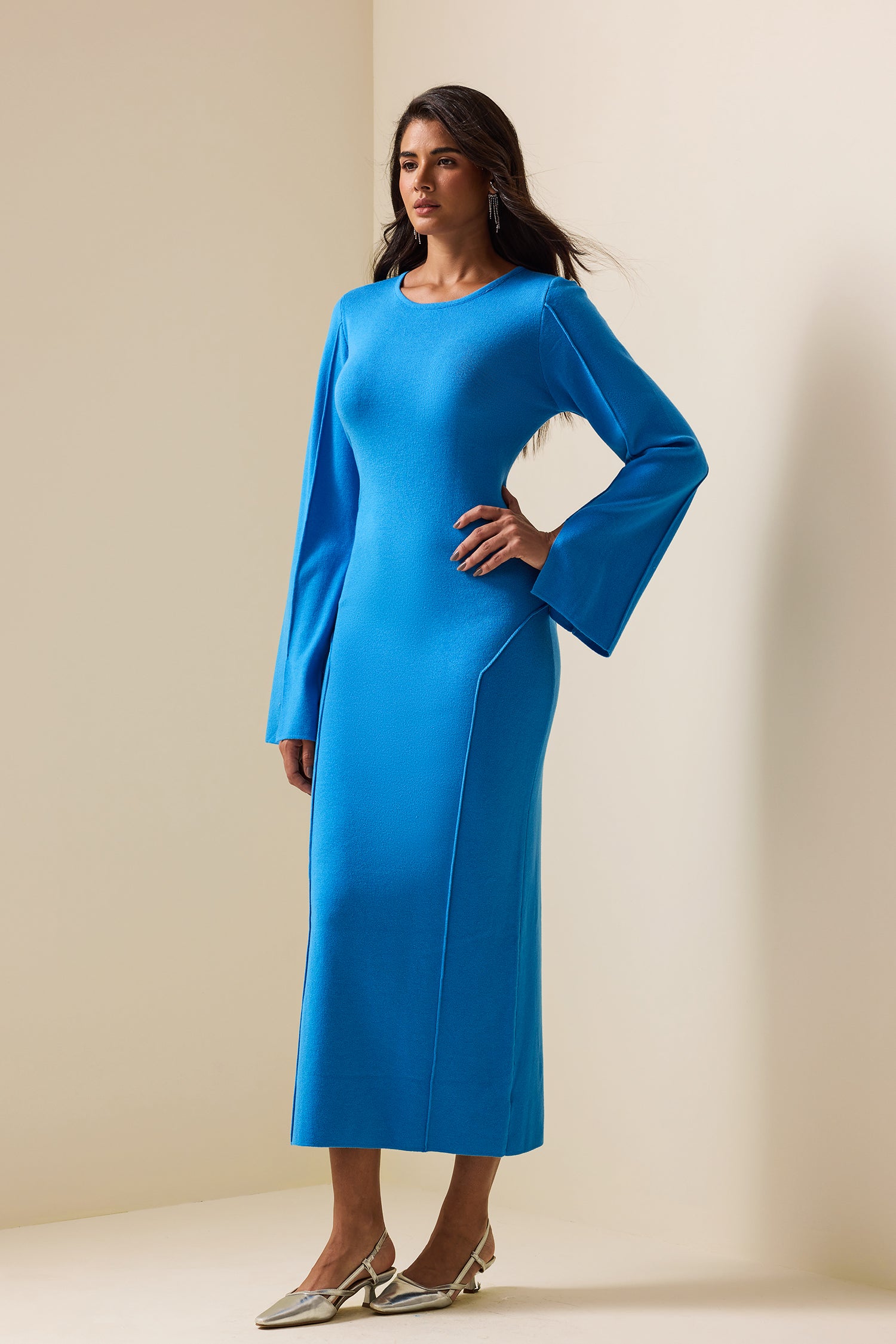 Jersey Wide Sleeve Round Neck Maxi Dress