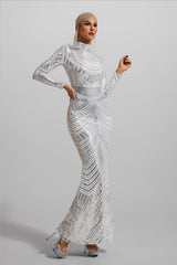 Sequin High Neck Long Sleeve Maxi Dress