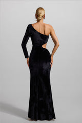 Velvet Rhinestone One-Shoulder Maxi Dress