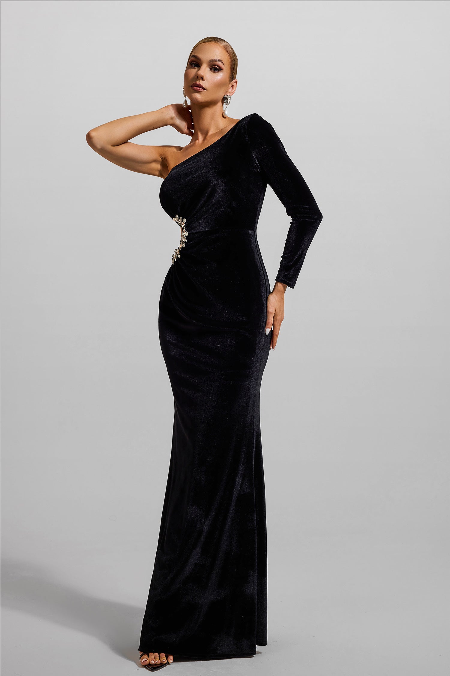 Velvet Rhinestone One-Shoulder Maxi Dress