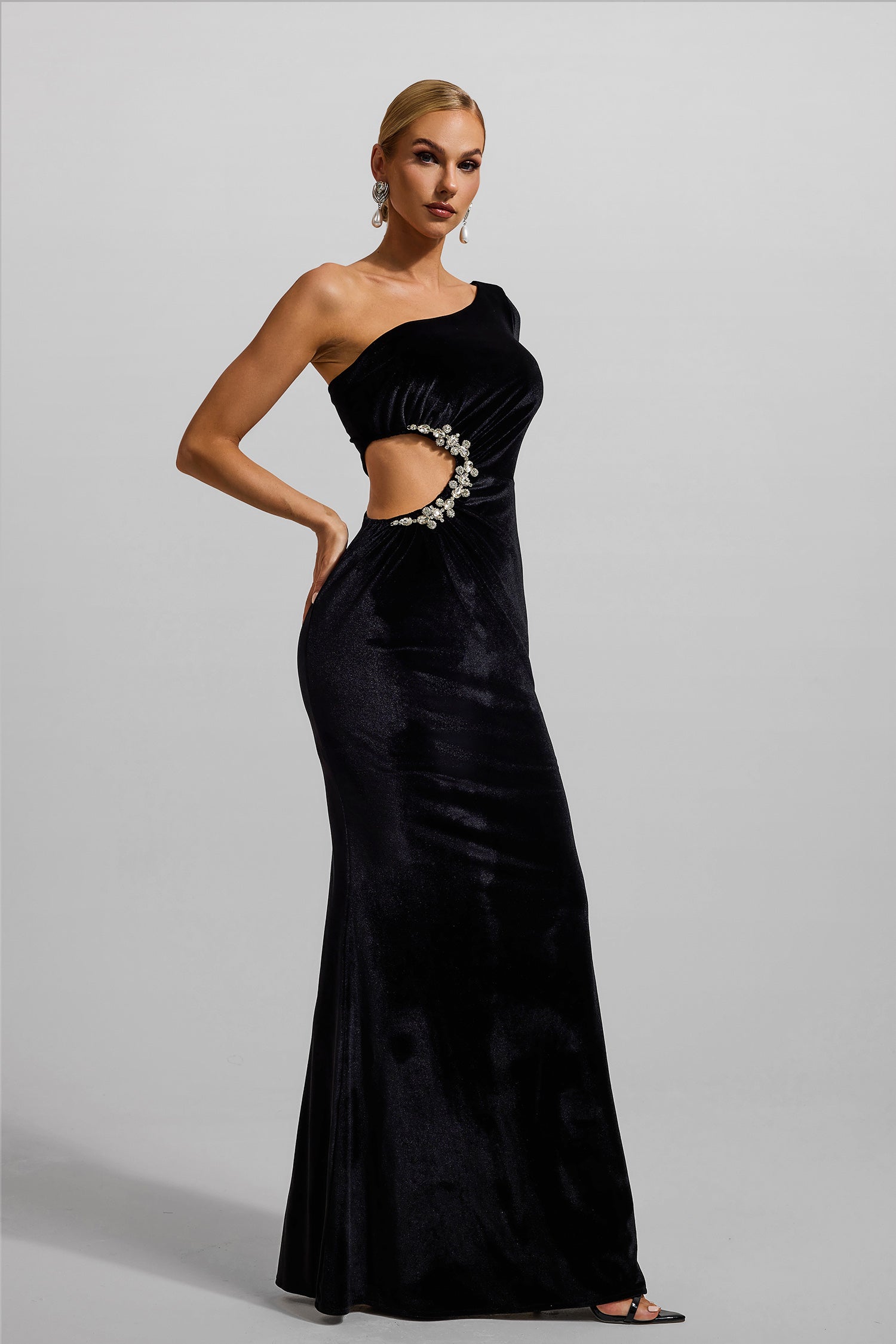 Velvet Rhinestone One-Shoulder Maxi Dress