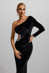 Velvet Rhinestone One-Shoulder Maxi Dress