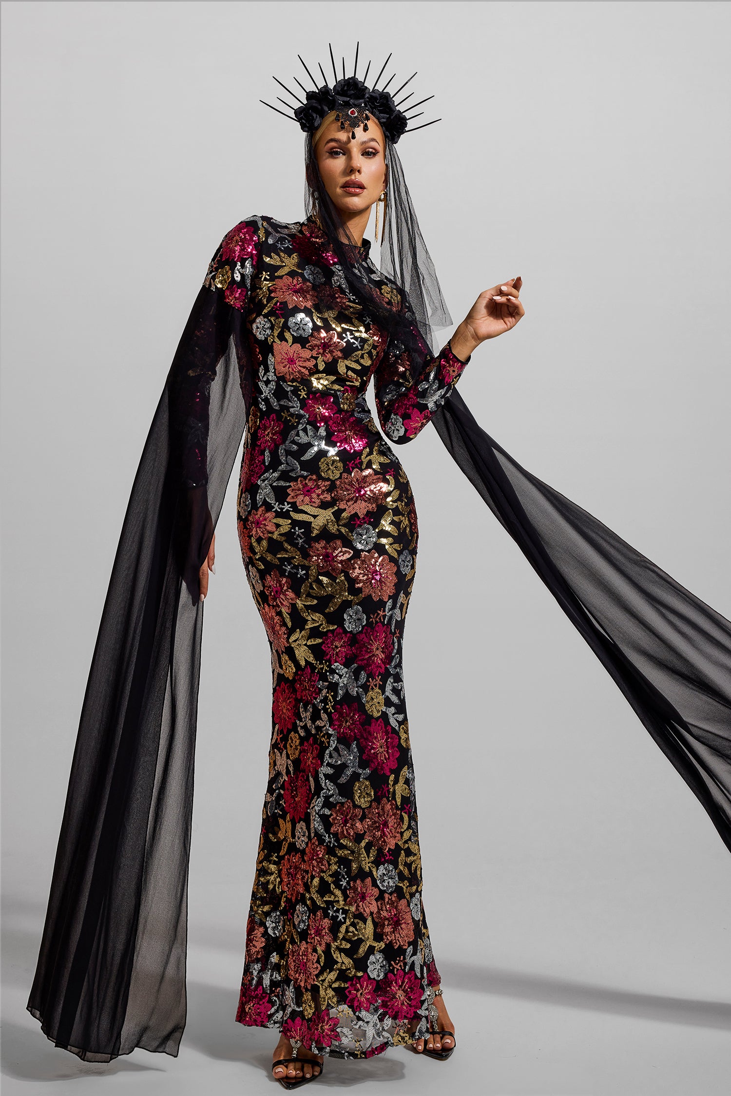 Sequin Round Neck Long Sleeve Maxi Dress