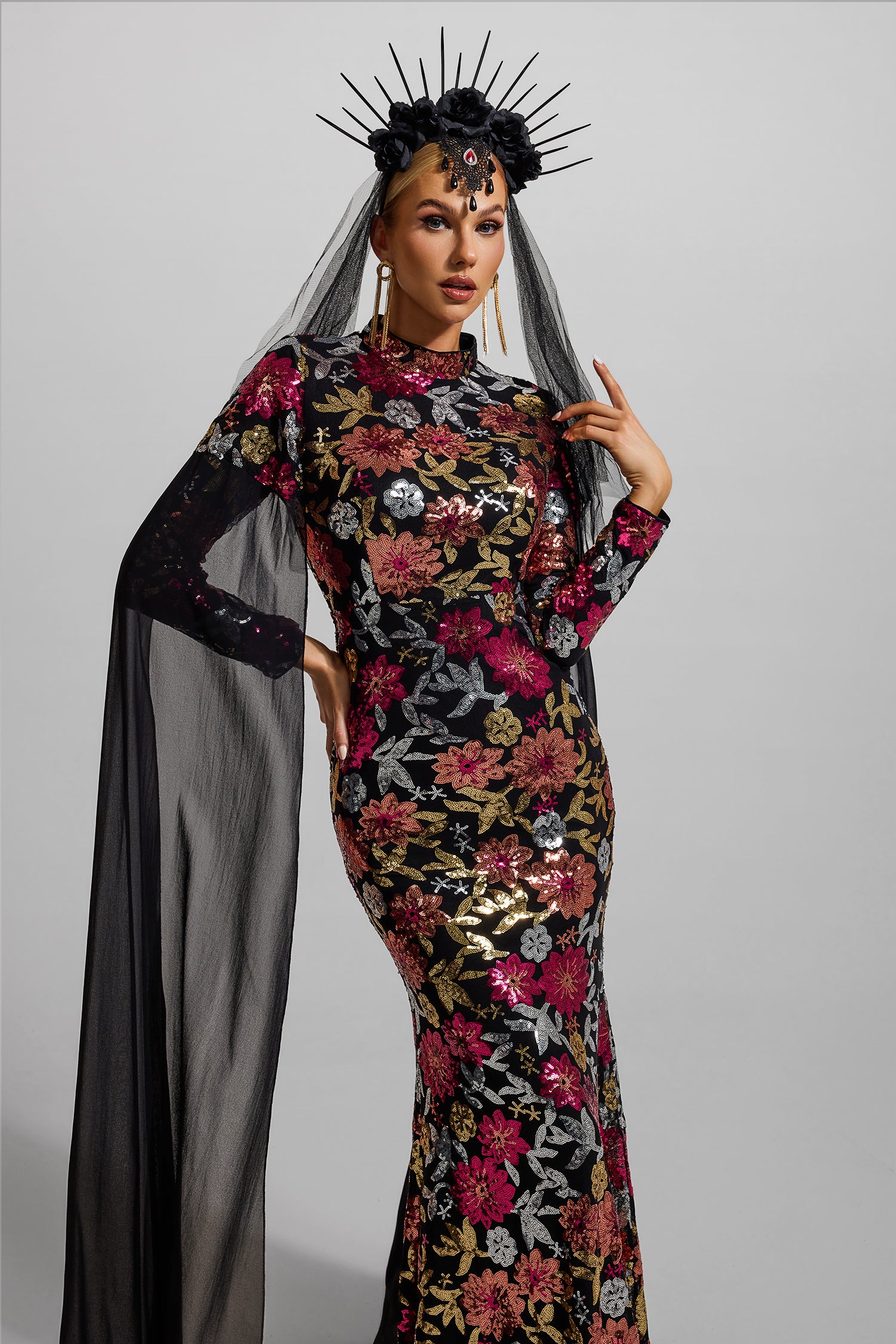 Sequin Round Neck Long Sleeve Maxi Dress