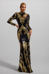 Sequin Round Neck Long Sleeve Maxi Dress