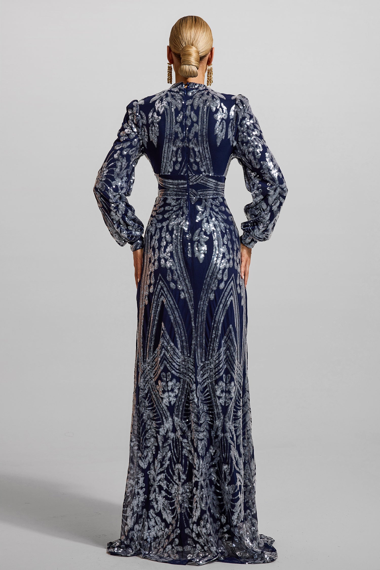 Sequin Round Neck Lantern Sleeve Maxi Dress