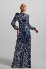 Sequin Round Neck Lantern Sleeve Maxi Dress