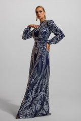 Sequin Round Neck Lantern Sleeve Maxi Dress