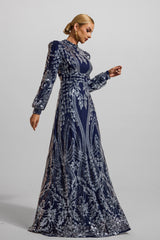 Sequin Round Neck Lantern Sleeve Maxi Dress