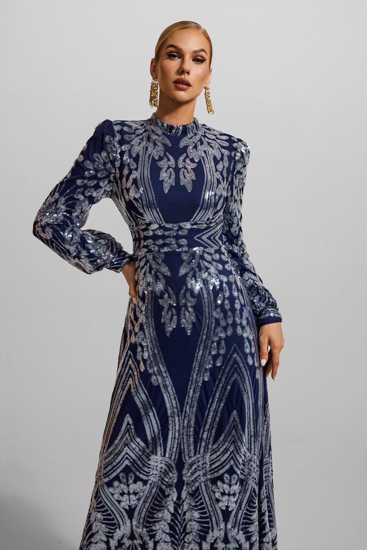 Sequin Round Neck Lantern Sleeve Maxi Dress