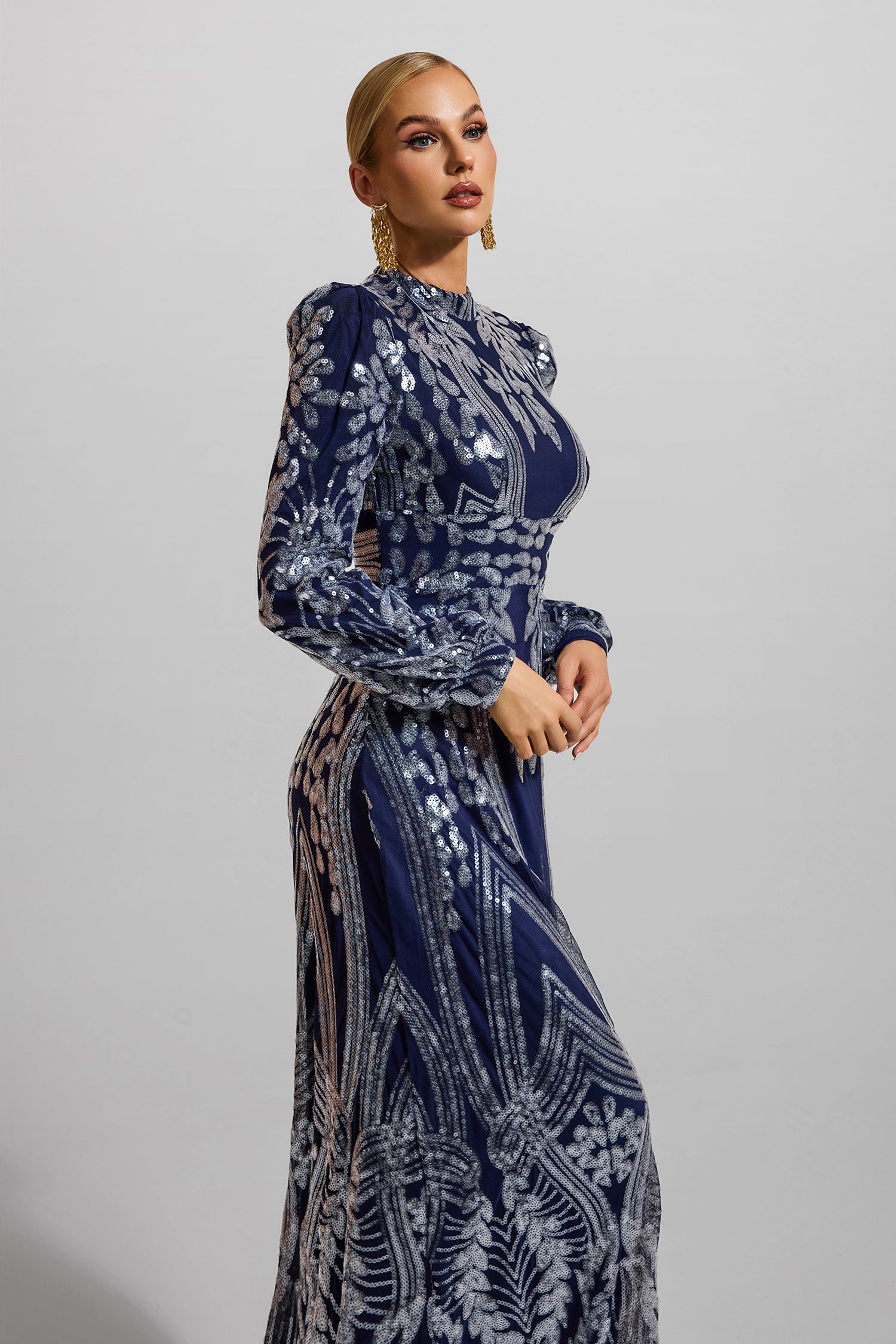 Sequin Round Neck Lantern Sleeve Maxi Dress