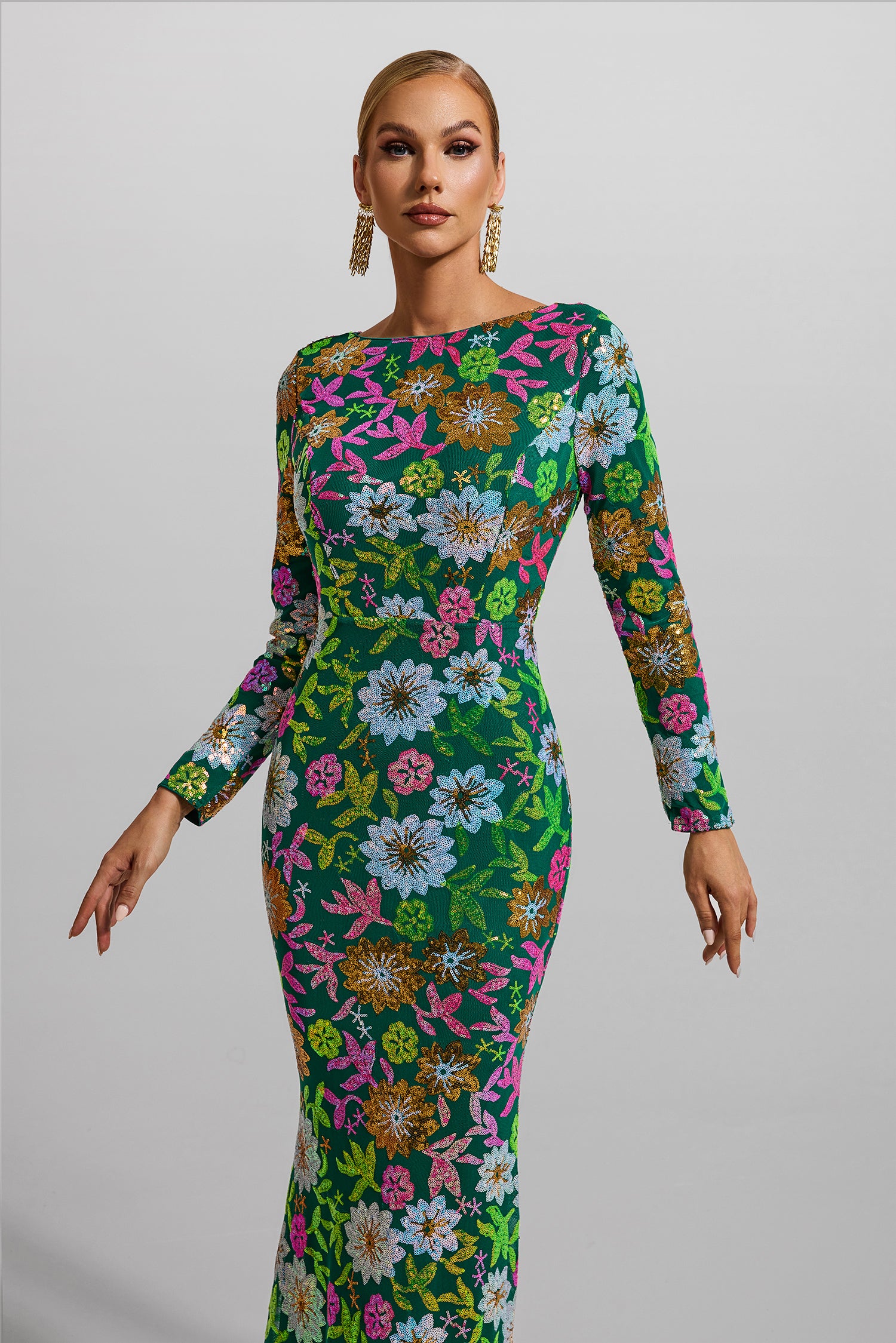 Sequin Round Neck Long Sleeve Midi Dress