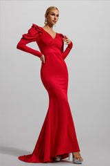 Jersey Solid V-Neck Frill Maxi Dress