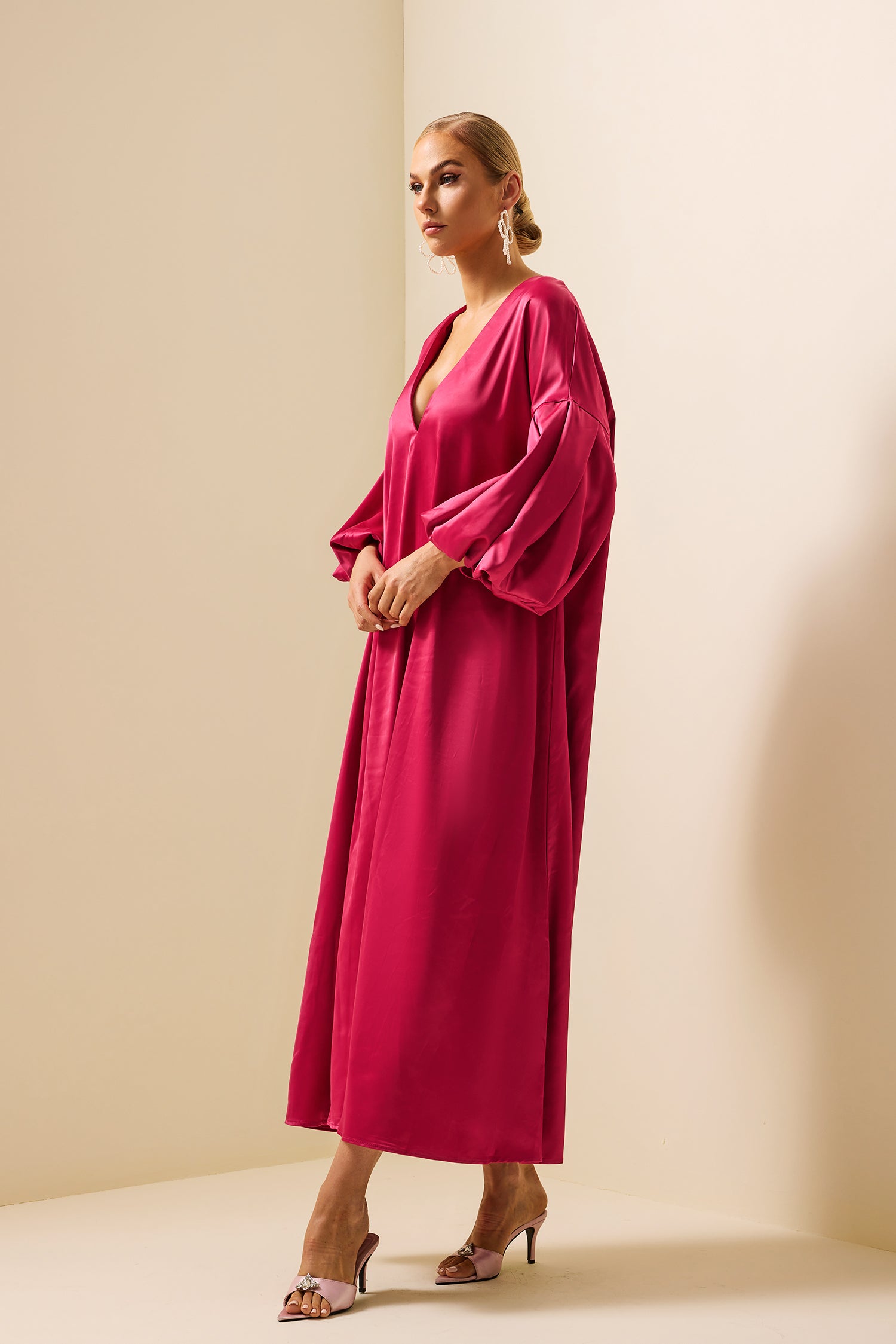 Satin Puff Sleeve V-Neck Maxi Dress