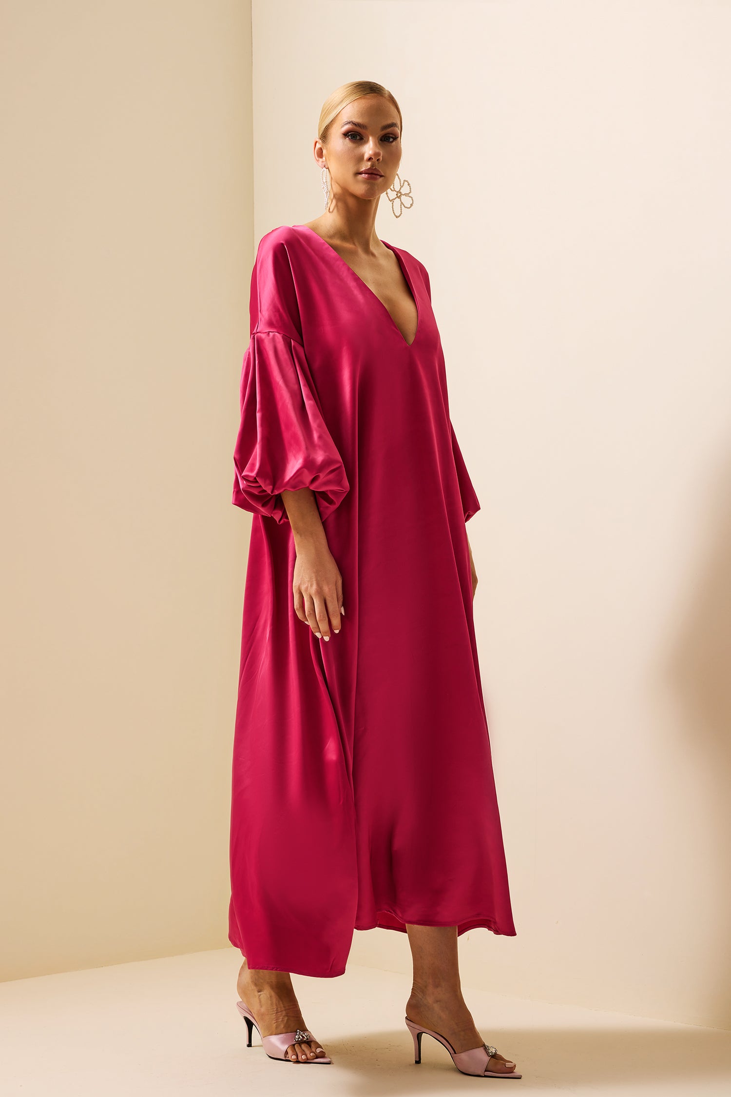 Satin Puff Sleeve V-Neck Maxi Dress