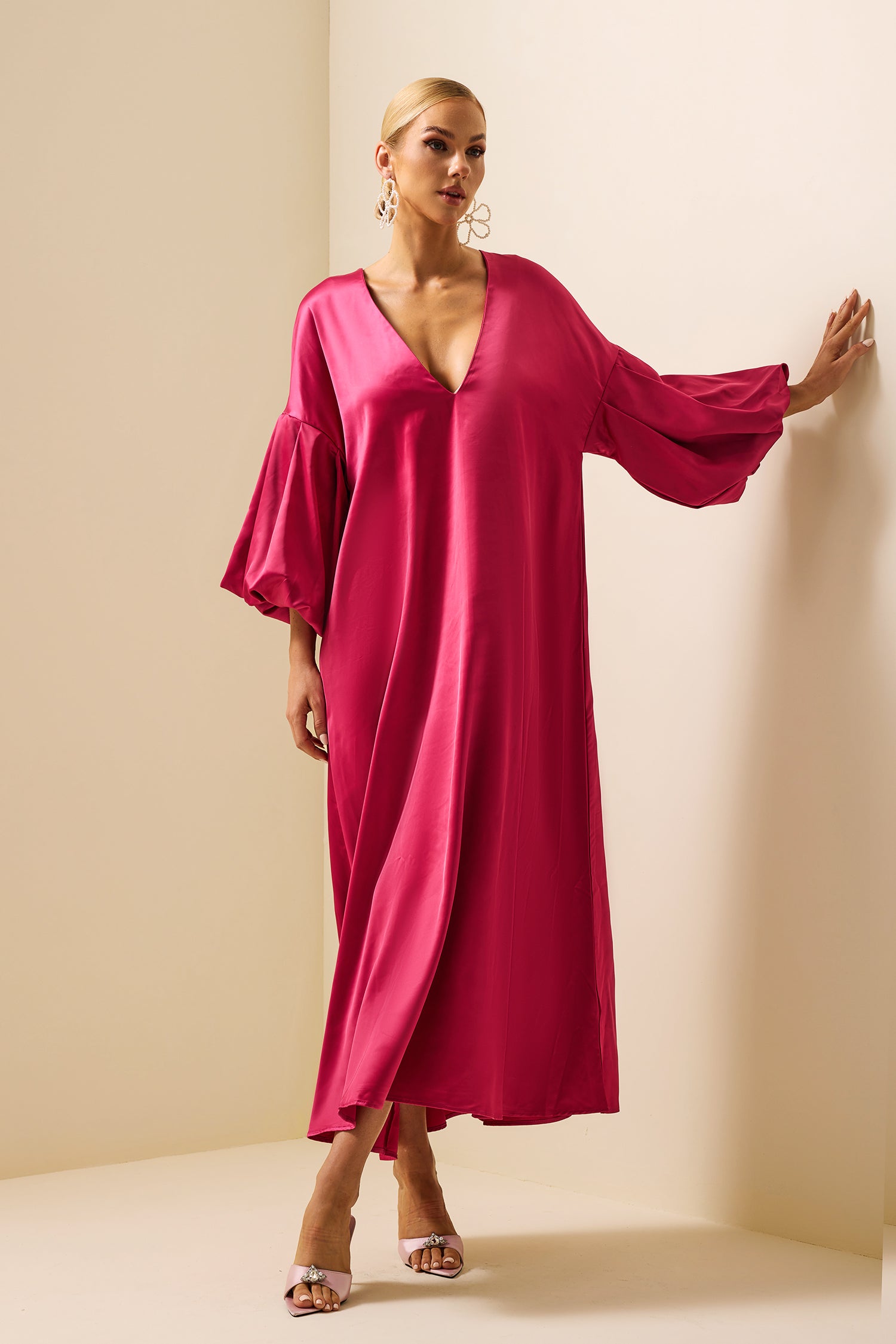 Satin Puff Sleeve V-Neck Maxi Dress