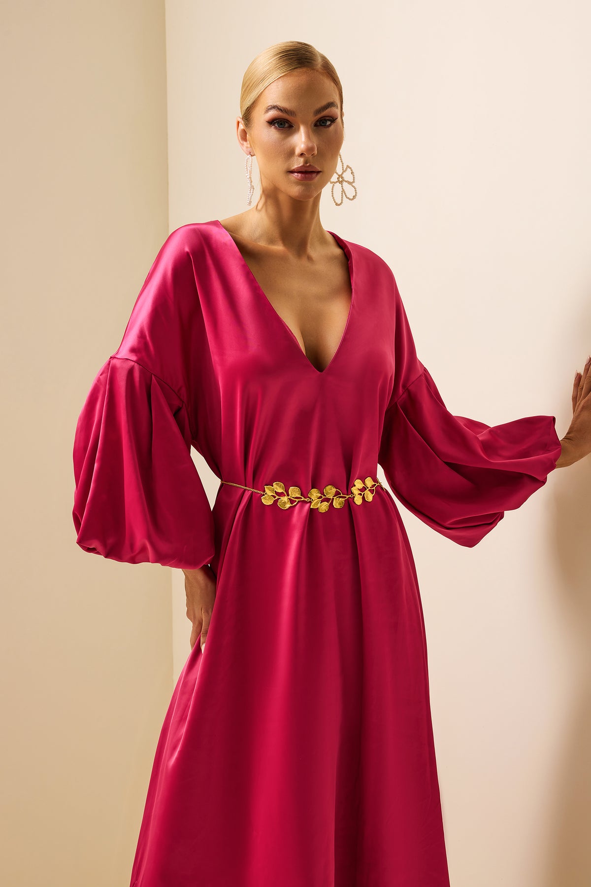 Satin Puff Sleeve V-Neck Maxi Dress