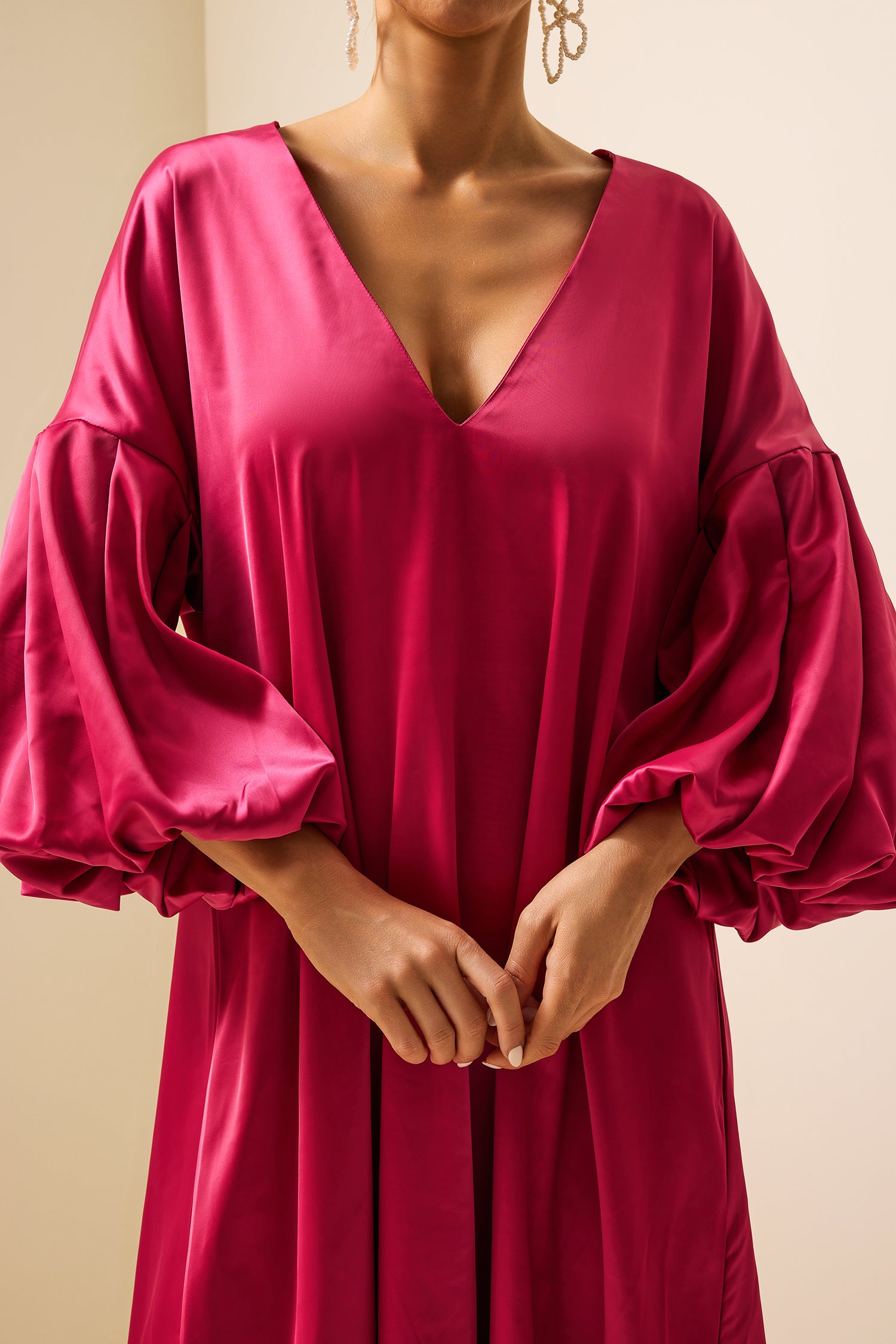 Satin Puff Sleeve V-Neck Maxi Dress