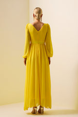 Solid Lantern Sleeve Frill Maxi Dress