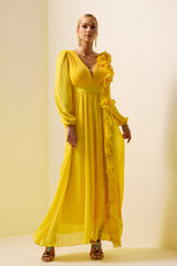 Solid Lantern Sleeve Frill Maxi Dress