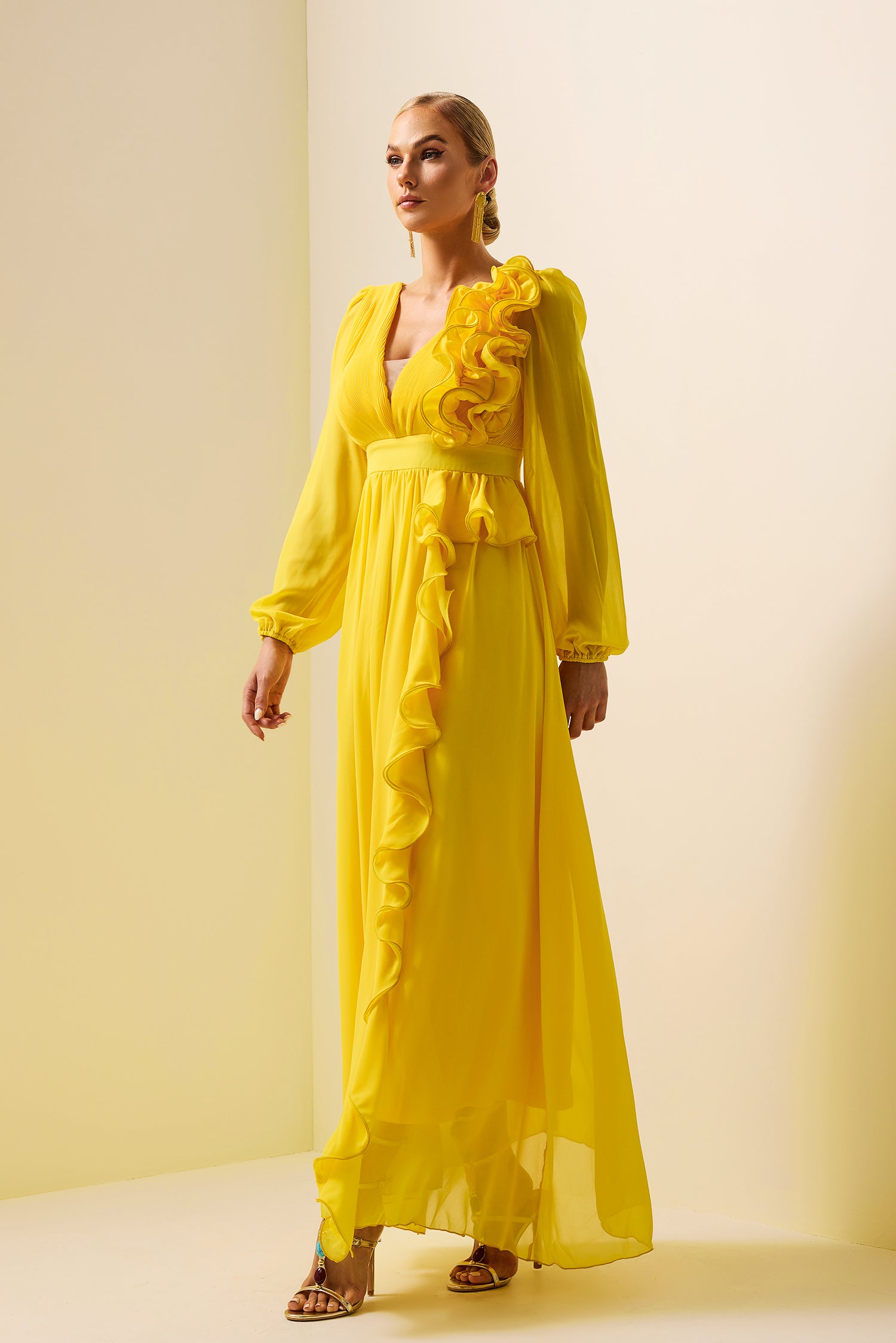 Solid Lantern Sleeve Frill Maxi Dress