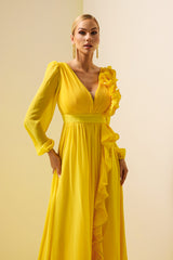 Solid Lantern Sleeve Frill Maxi Dress