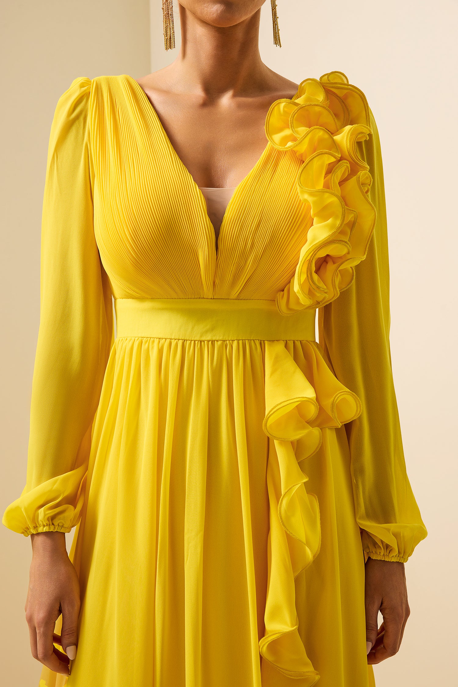 Solid Lantern Sleeve Frill Maxi Dress