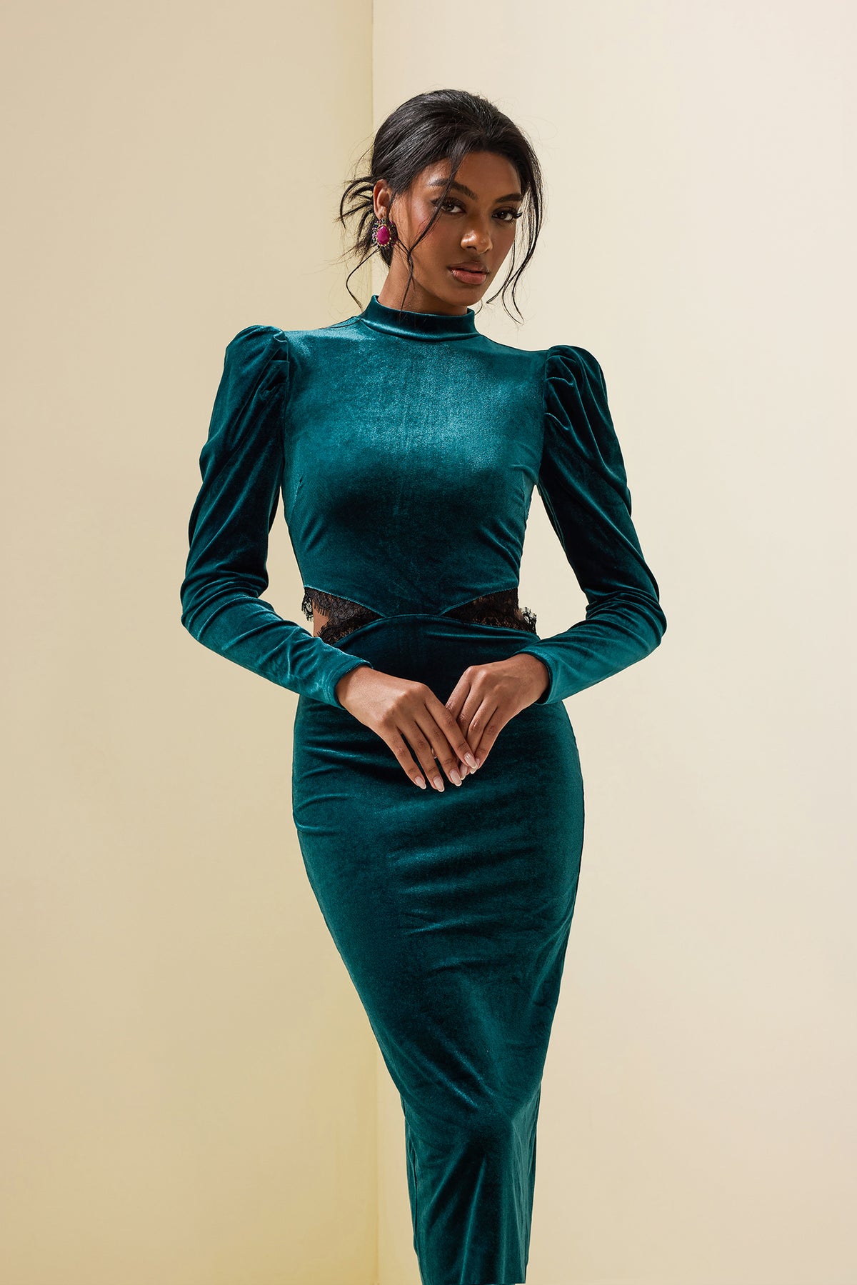 Solid Velvet Lace Cut-Out Midi Dress