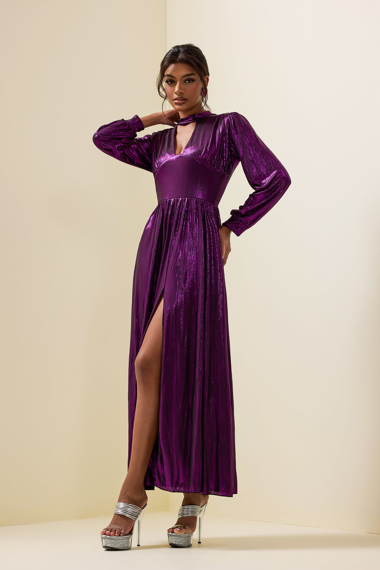 Solid Lantern Sleeve Split Midi Dress