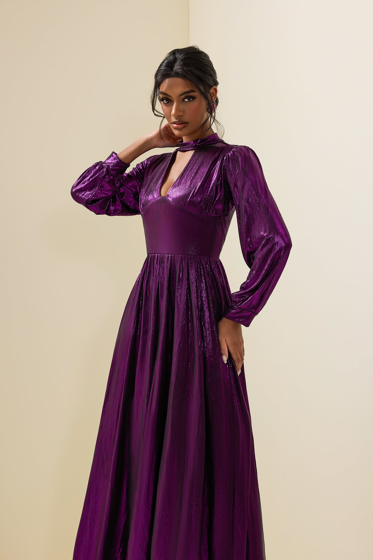 Solid Lantern Sleeve Split Midi Dress