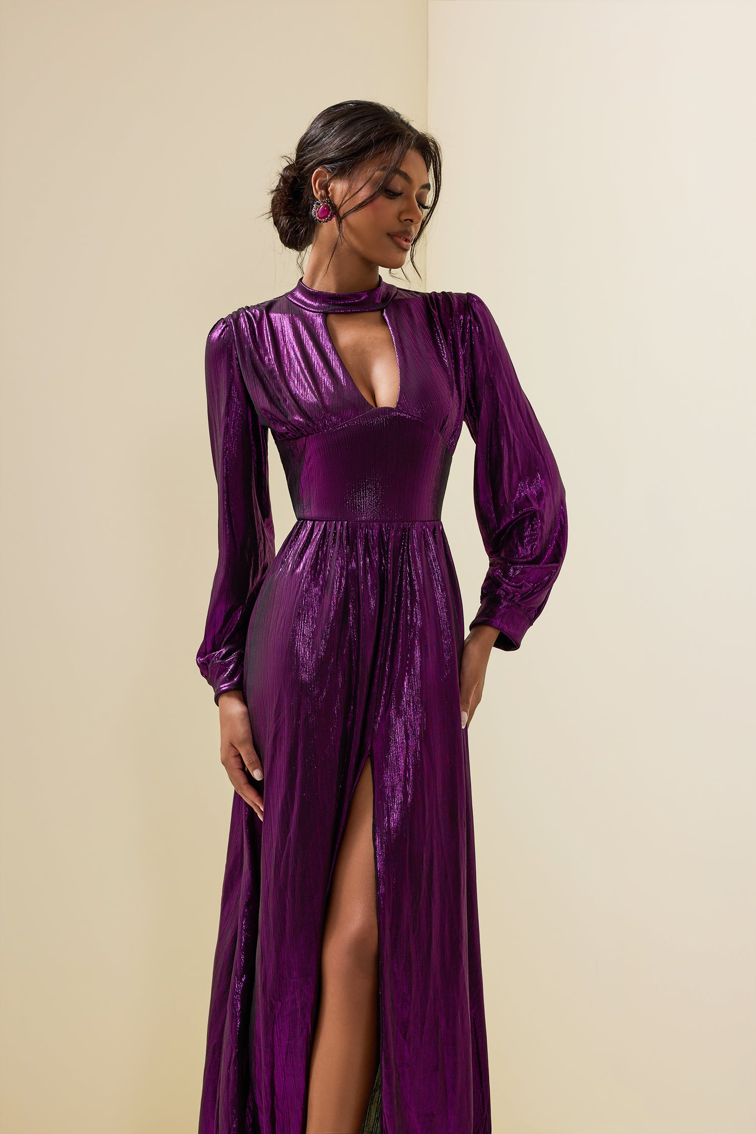 Solid Lantern Sleeve Split Midi Dress