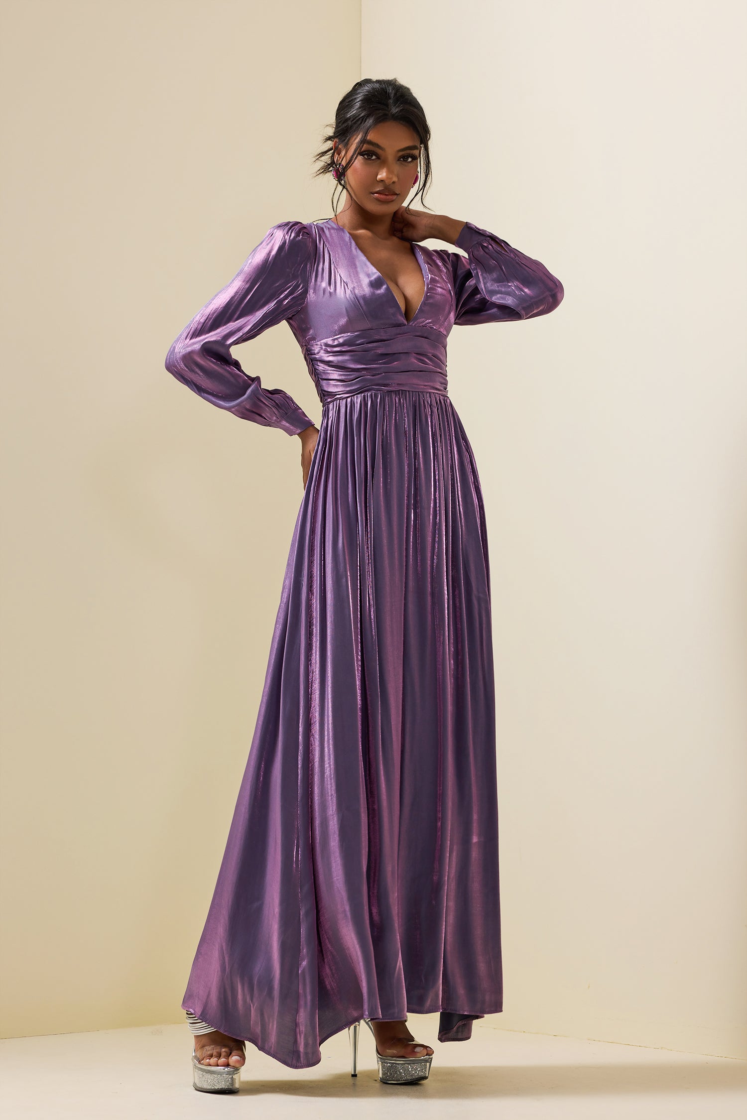 Solid Satin Lantern Sleeve Maxi Dress