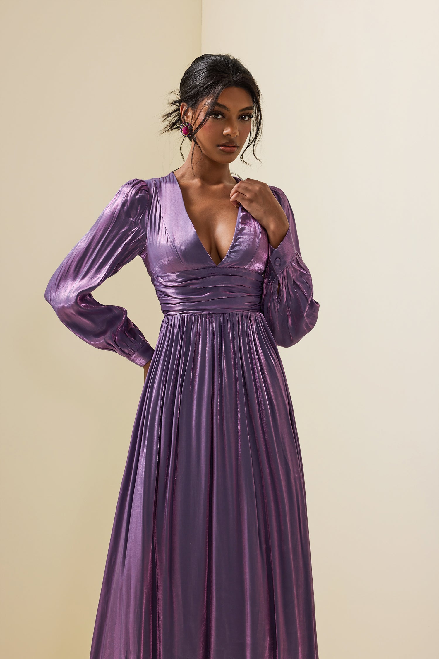 Solid Satin Lantern Sleeve Maxi Dress