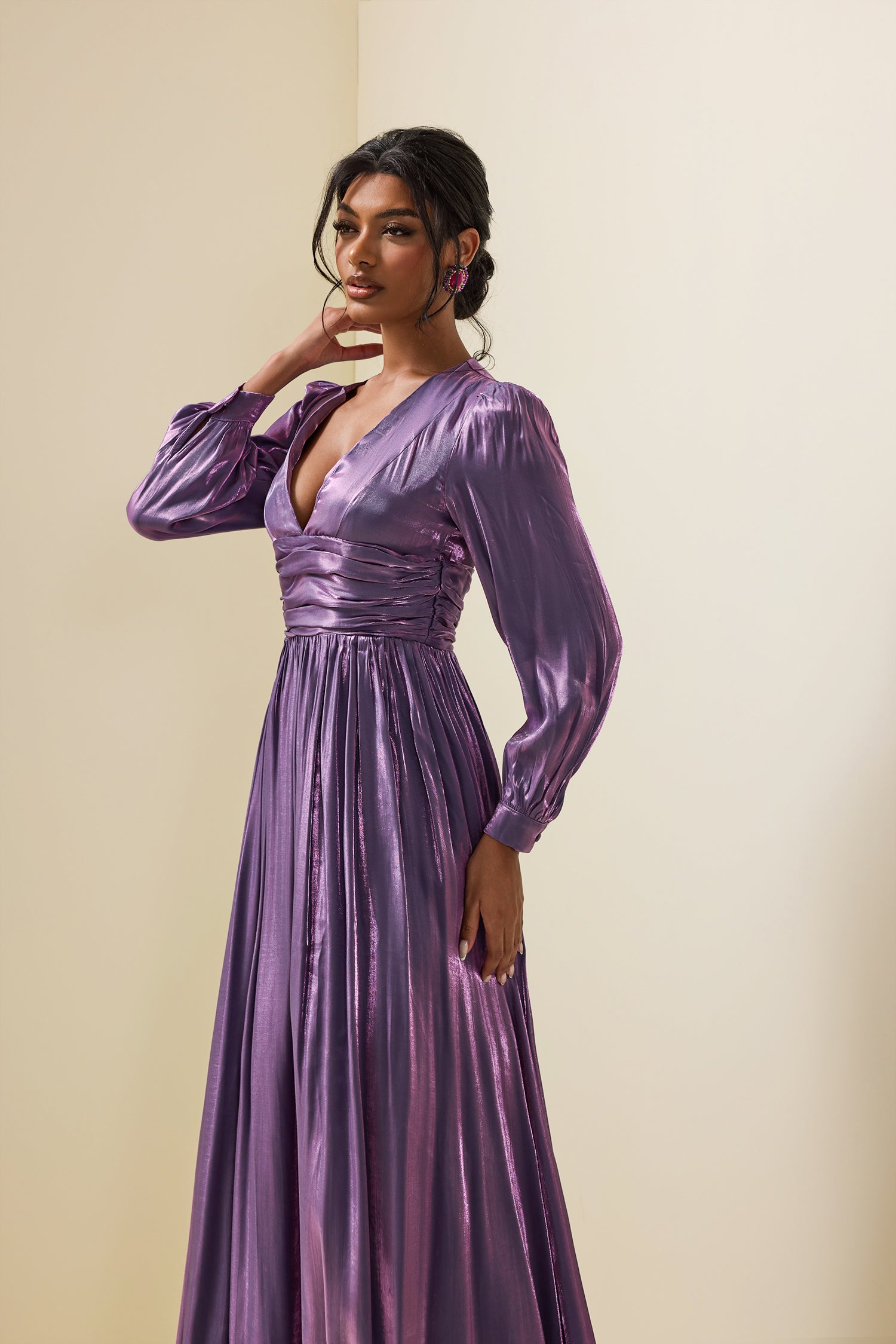 Solid Satin Lantern Sleeve Maxi Dress