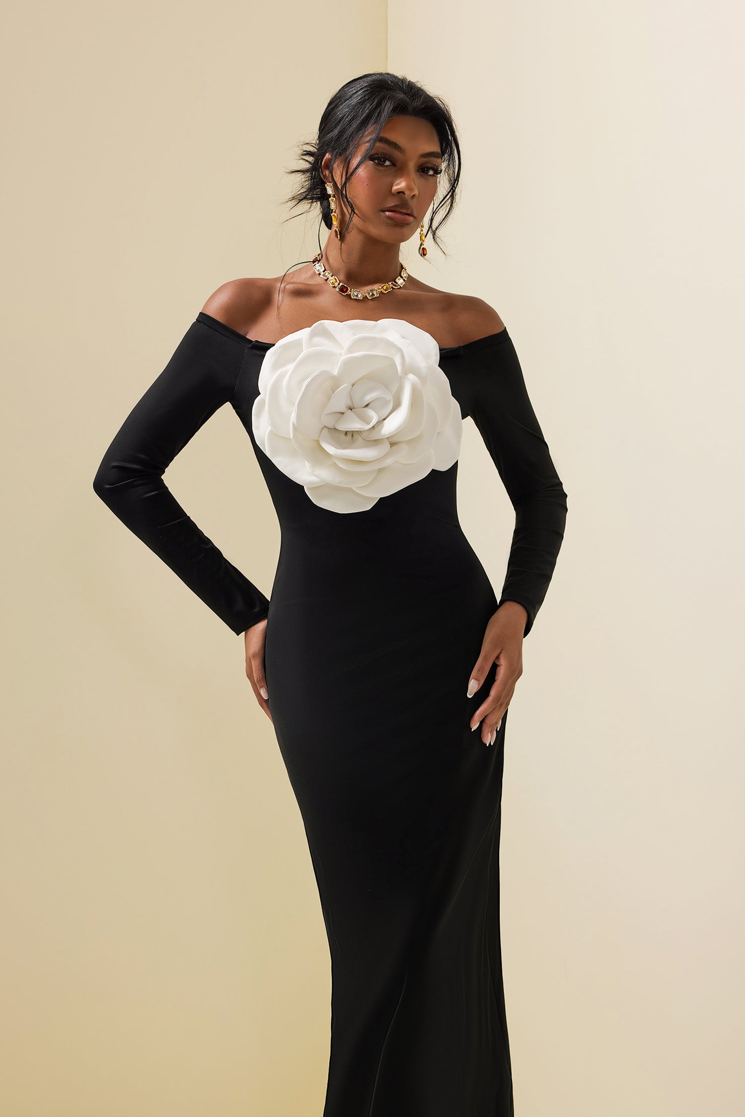 3D Floral Jersey Off-Shoulder Midi Dress