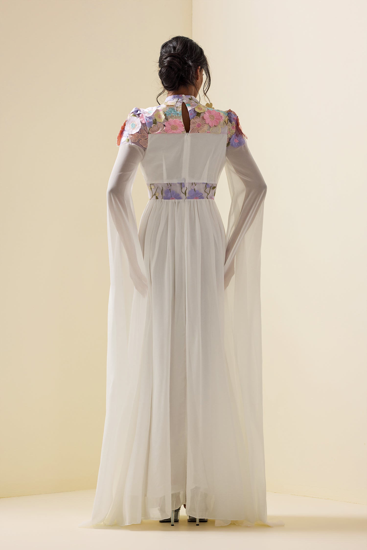 Embroidered Floral Cape Sleeve Maxi Dress White