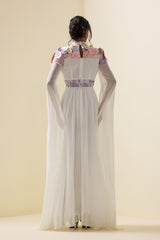 Embroidered Floral Cape Sleeve Maxi Dress White