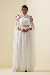 Embroidered Floral Cape Sleeve Maxi Dress White