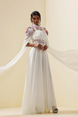 Embroidered Floral Cape Sleeve Maxi Dress White