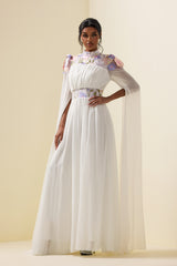 Embroidered Floral Cape Sleeve Maxi Dress White