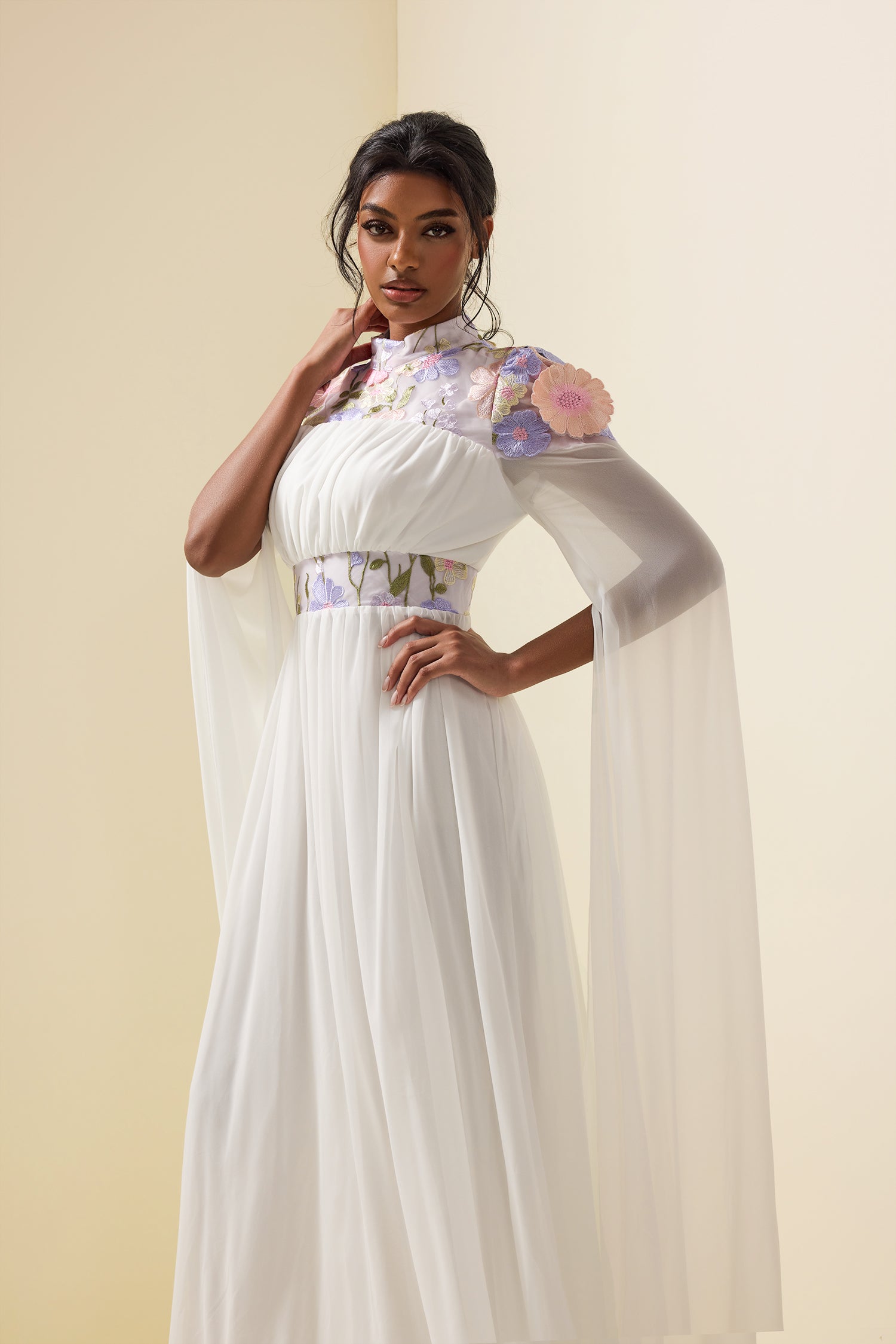 Embroidered Floral Cape Sleeve Maxi Dress White