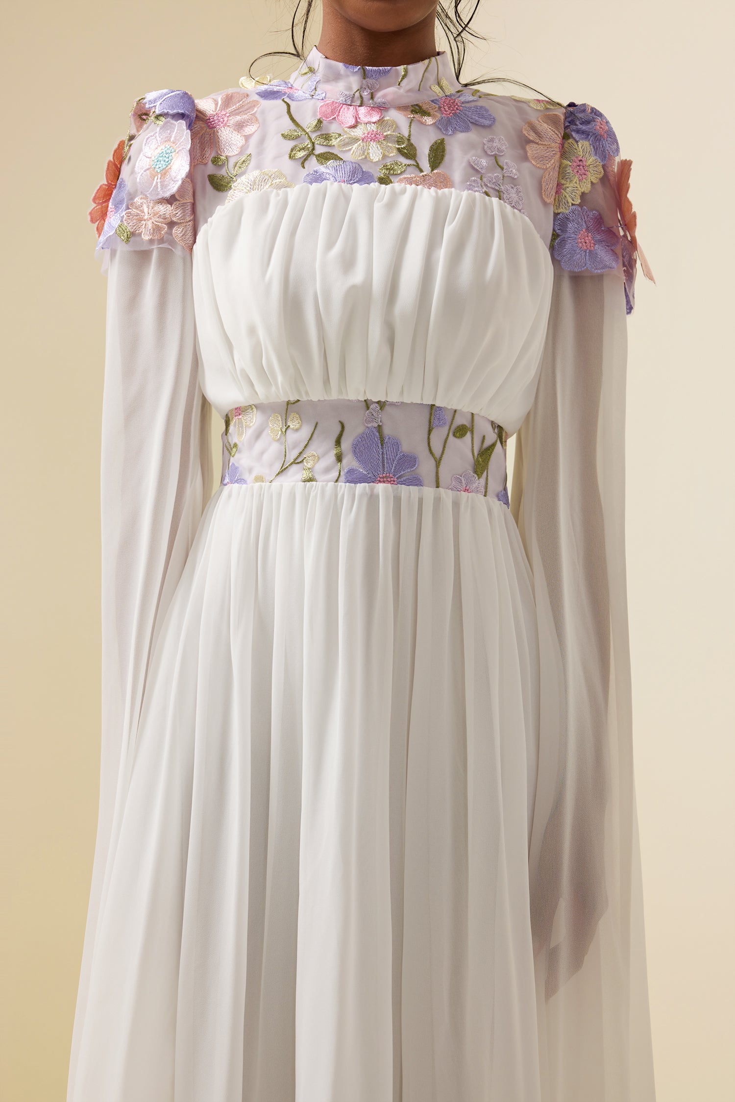 Embroidered Floral Cape Sleeve Maxi Dress White