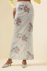 Floral Sequin High Waist Midi Skirt