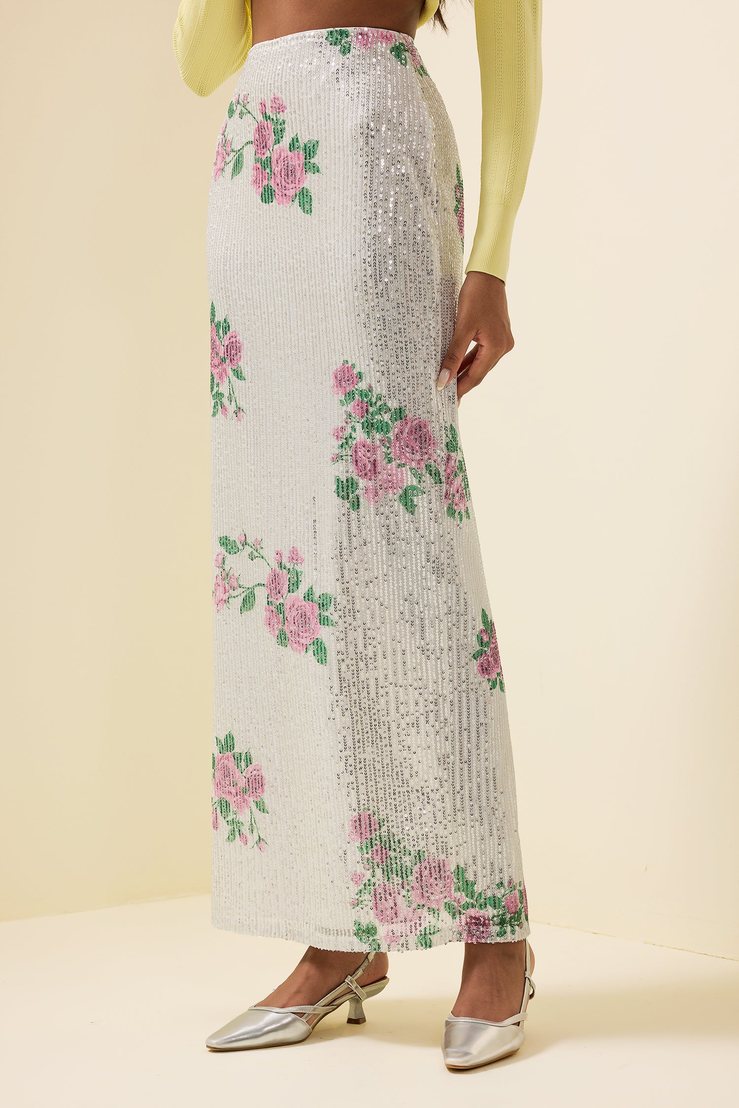 Floral Sequin High Waist Midi Skirt