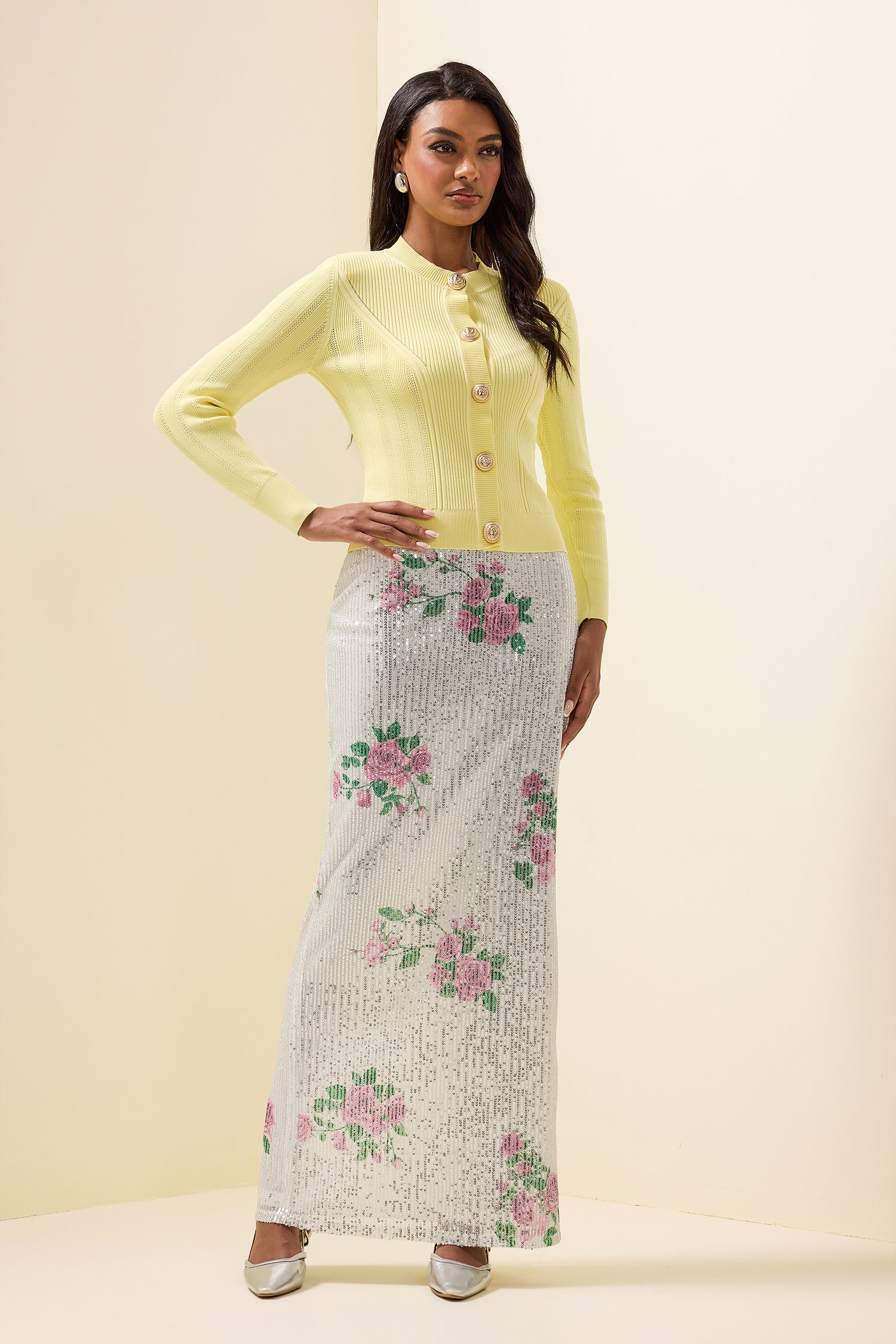 Floral Sequin High Waist Midi Skirt