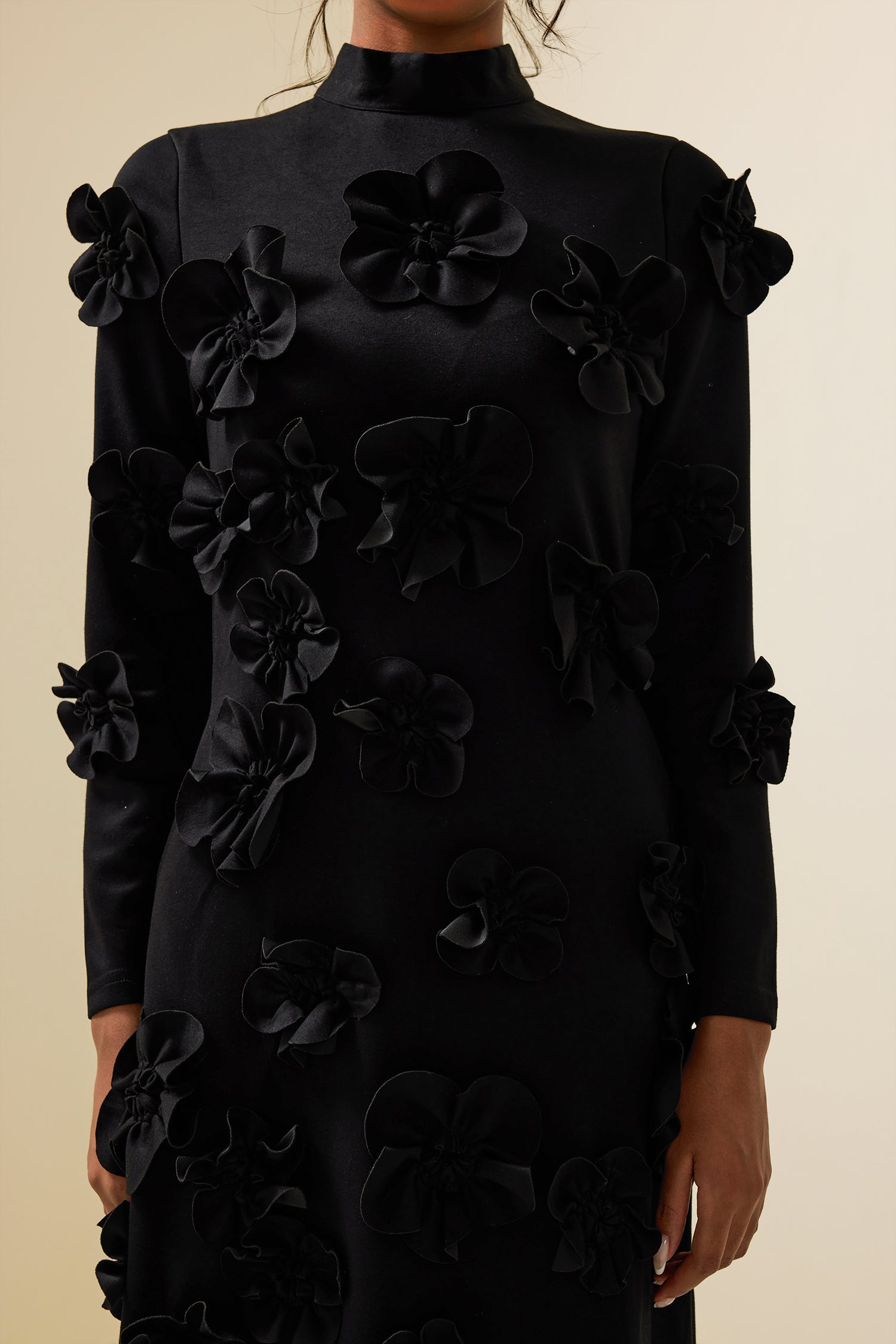 3D Flower Stand Collar Long Sleeve Midi Dress